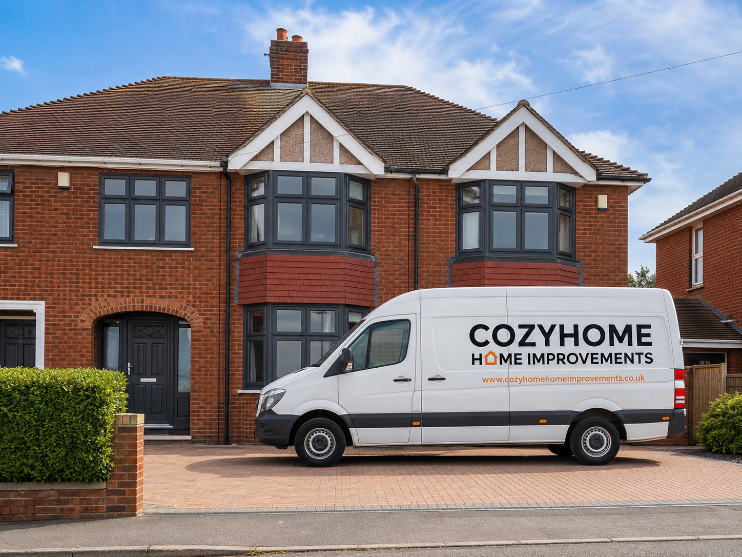 CozyHome Home Improvements van outside a completed installation